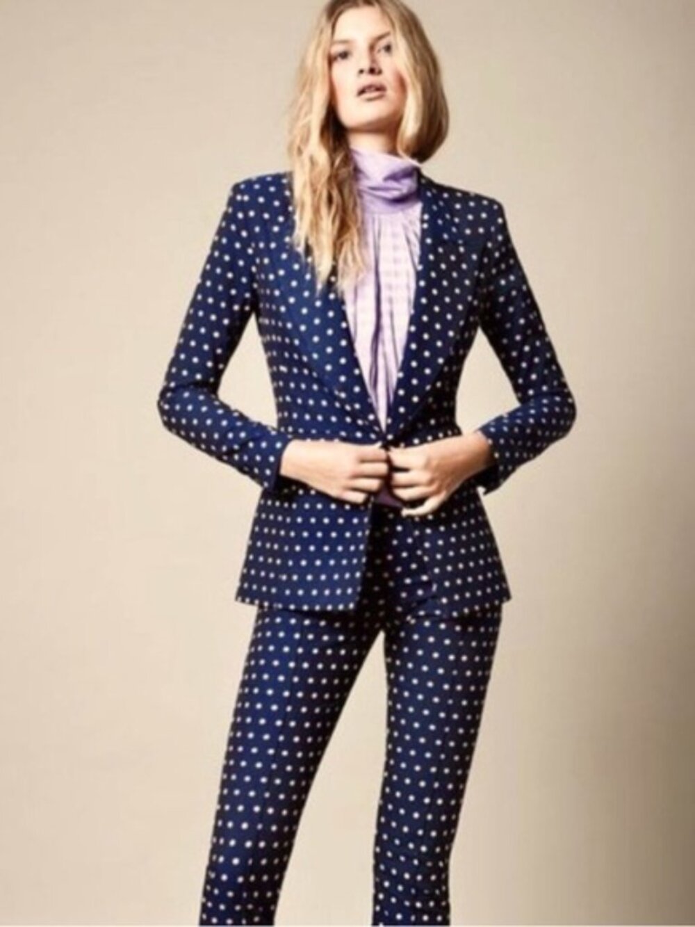 Smythe Pintuck Trousers Split Hem Navy Polka Dot Size 0